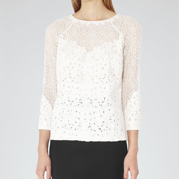 NWT Reiss Shell Lace Long Sleeve Top Off White 0 4 - Picture 2 of 9